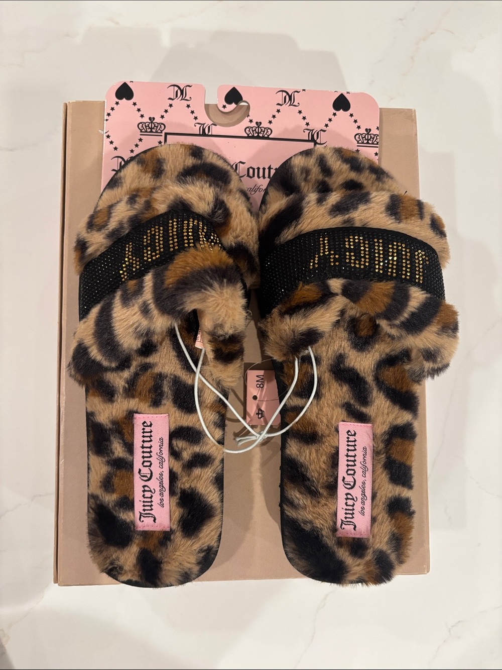 Juicy Couture Leopard Faux-Fur Slide Sandals with Black Sparkle Strap